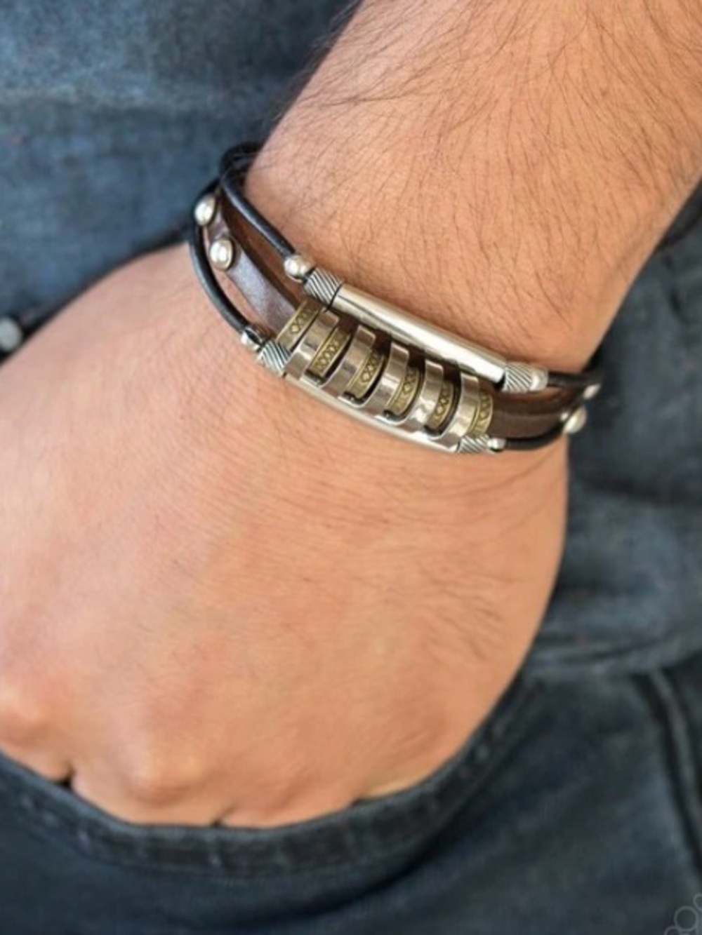 Men’s Brown Leather Pull Cord Bracelet Silver & Brass Tone Beaded